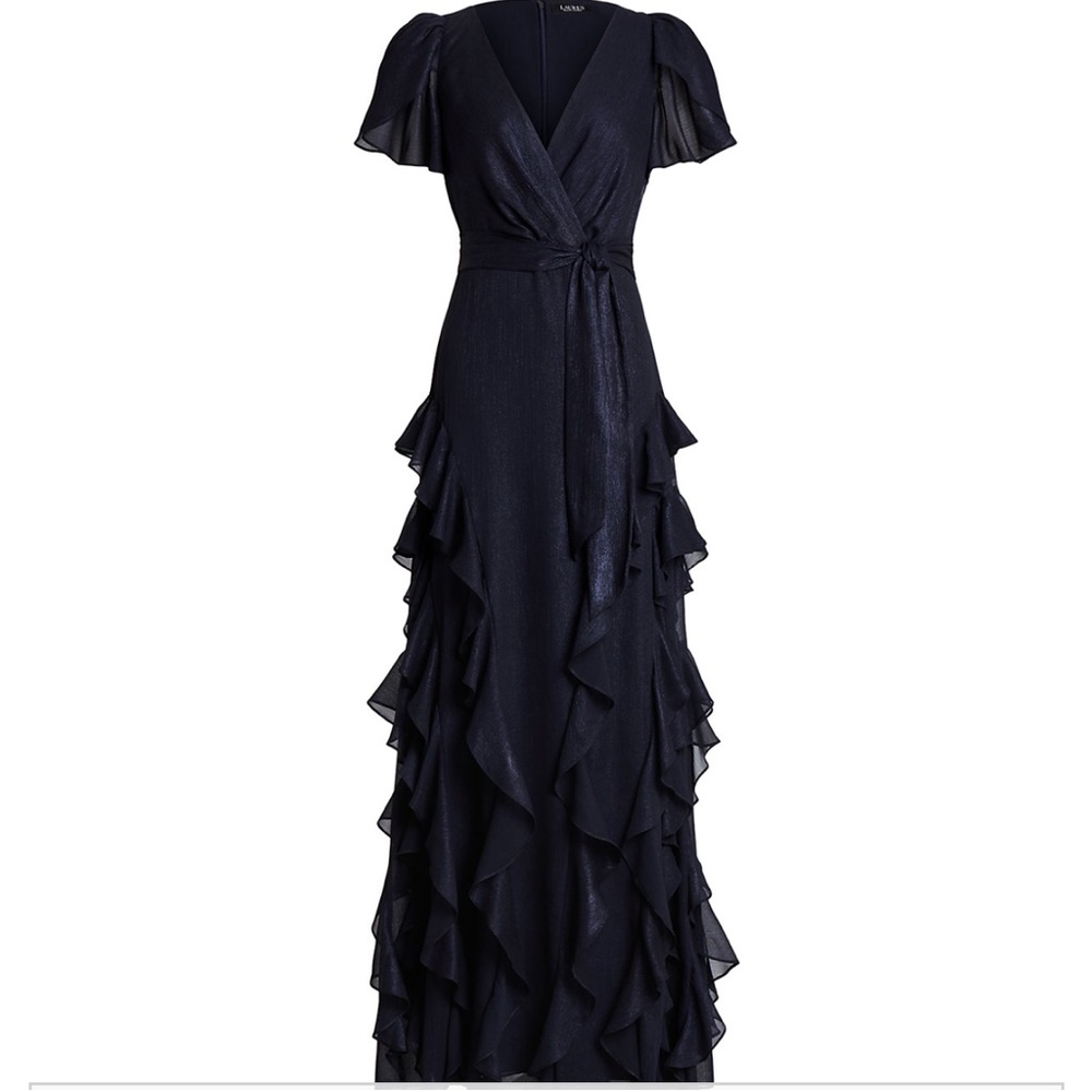 Lauren Ralph Lauren Ruffle trim metallic chiffon gown